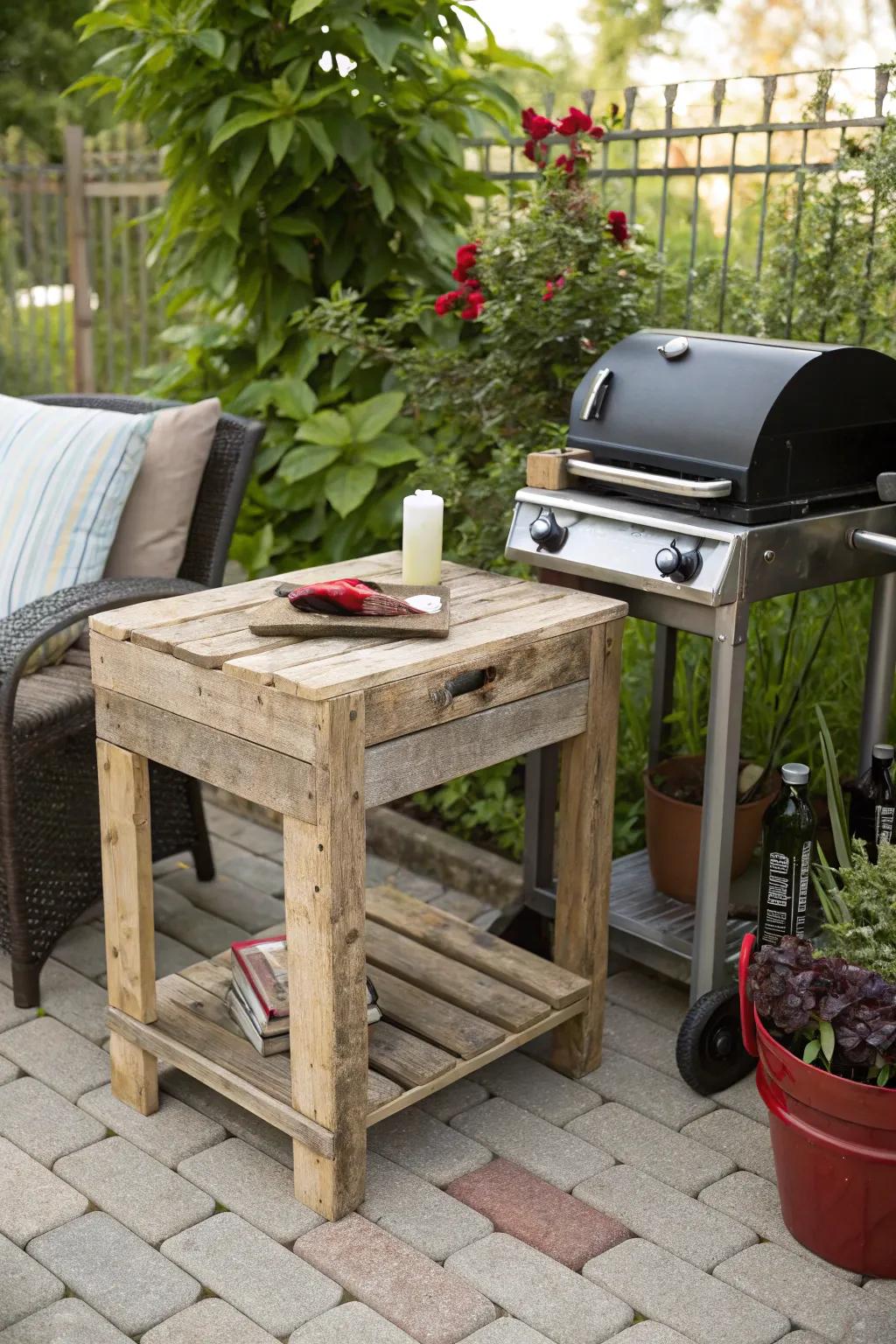 A rustic side table made from pallet wood complements any BBQ setup.