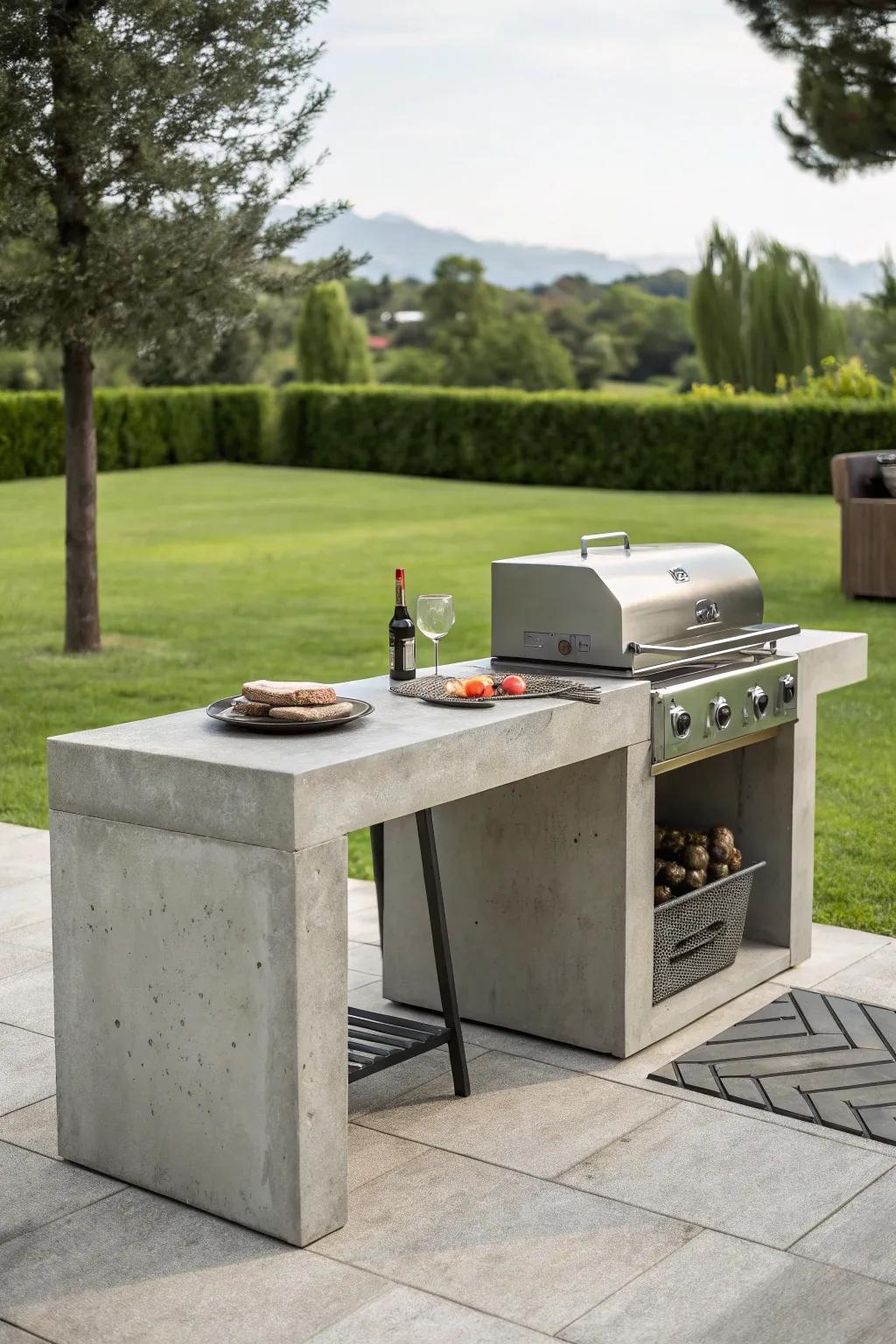 A concrete side table offers durability and modern style.