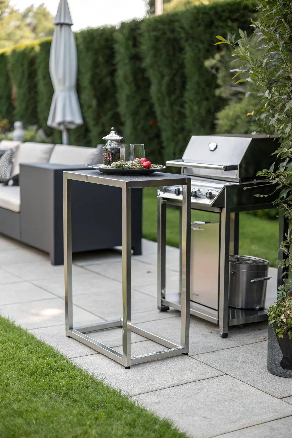 A minimalist metal side table adds a sleek look to any BBQ area.
