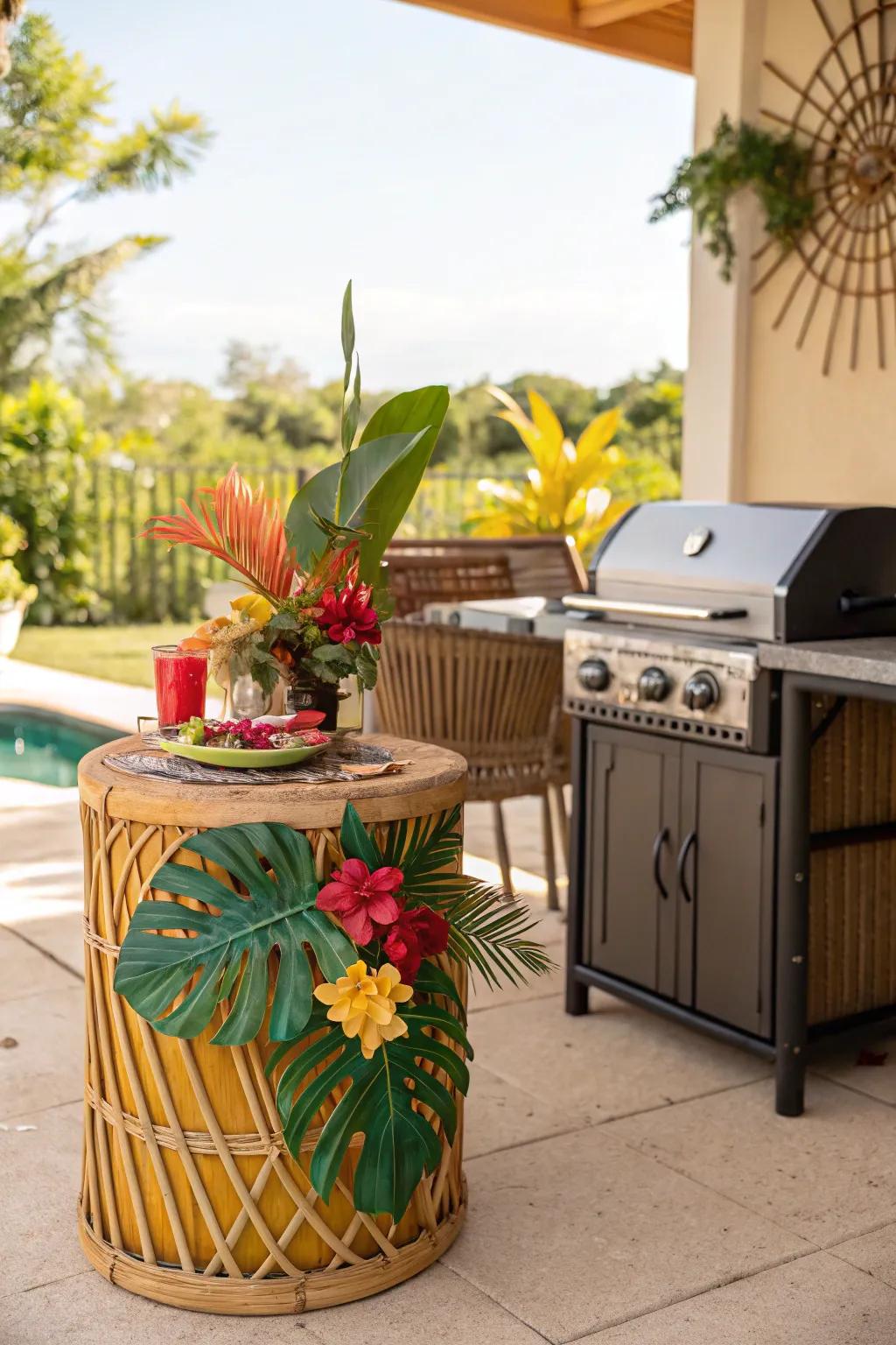 A bamboo side table brings a touch of the tropics to your BBQ area.