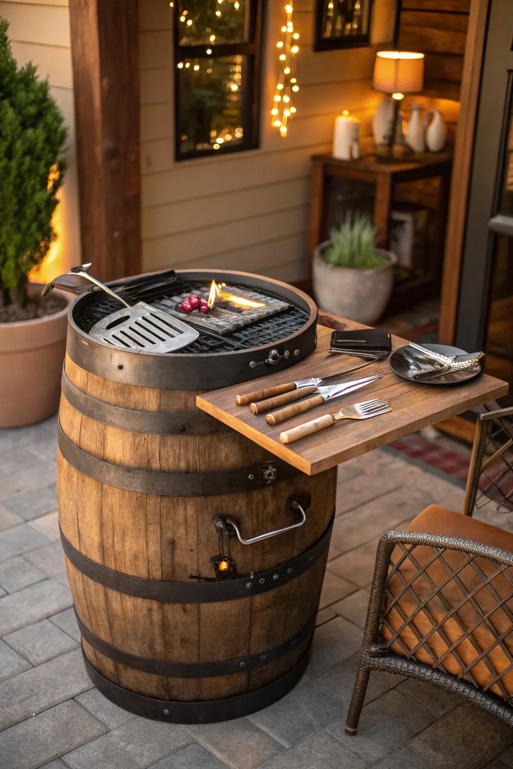 A wine barrel side table adds vintage elegance to your BBQ area.