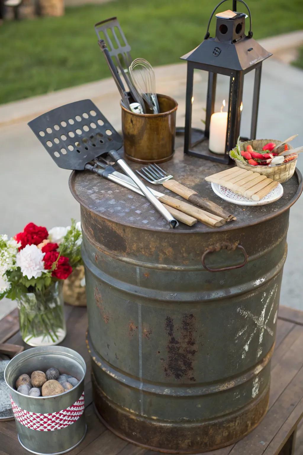 A metal drum side table adds industrial flair to your BBQ setup.