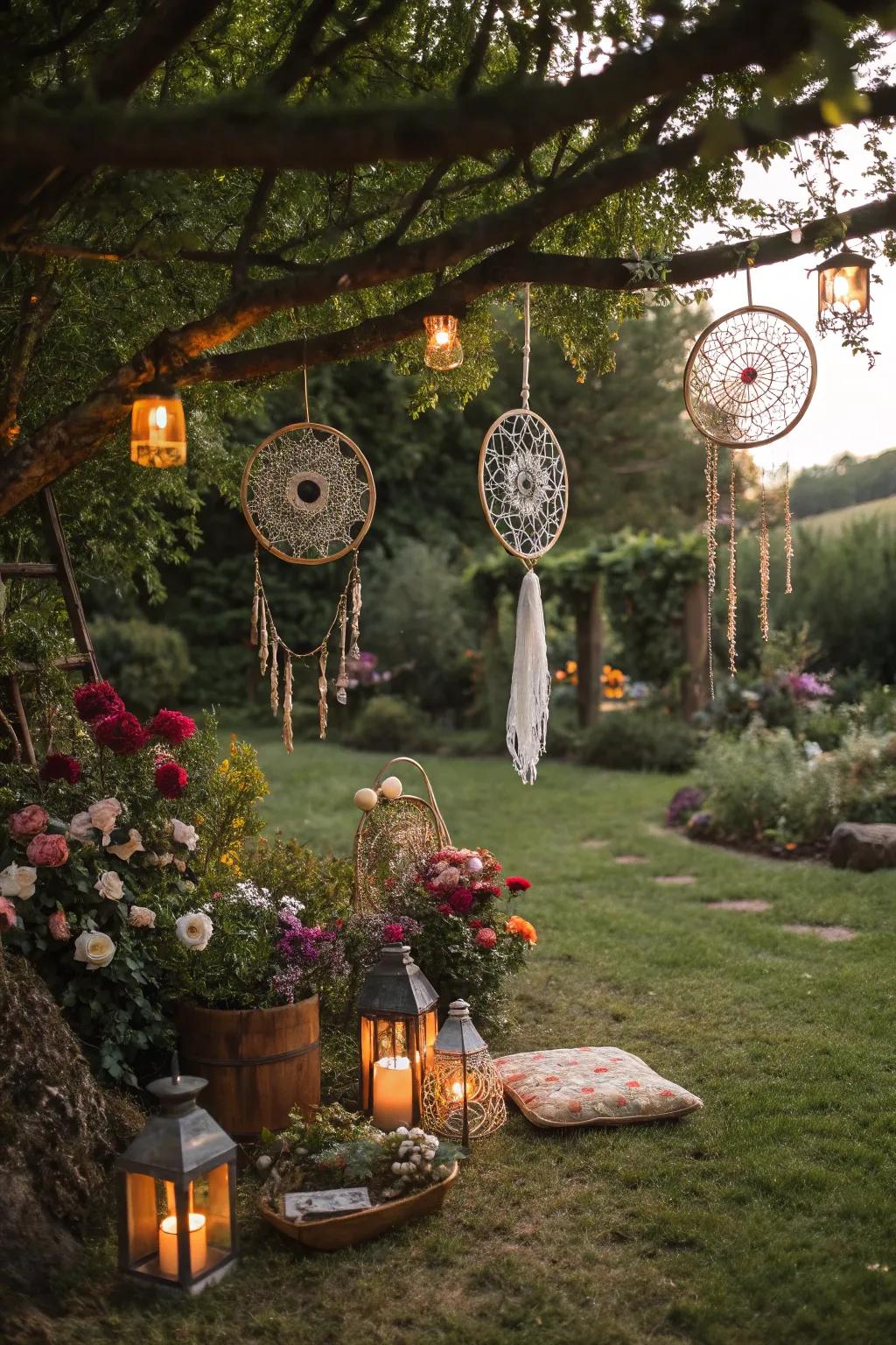 Bohemian decorations adding charm to a garden space.