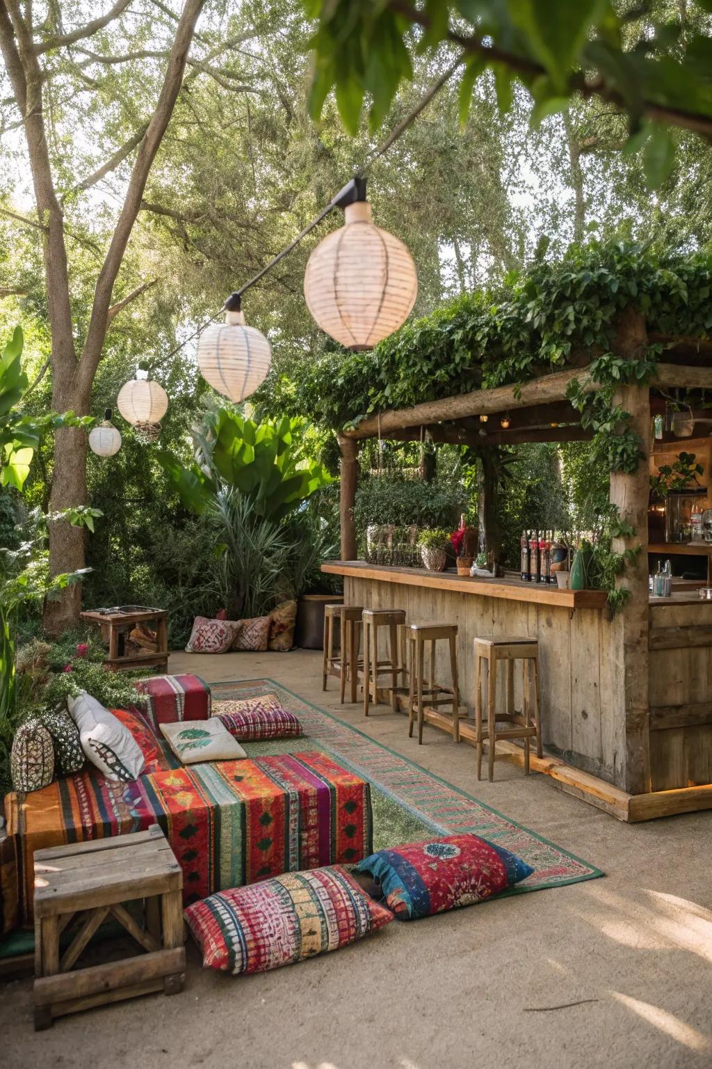 A vibrant garden bar with boho-chic decor.