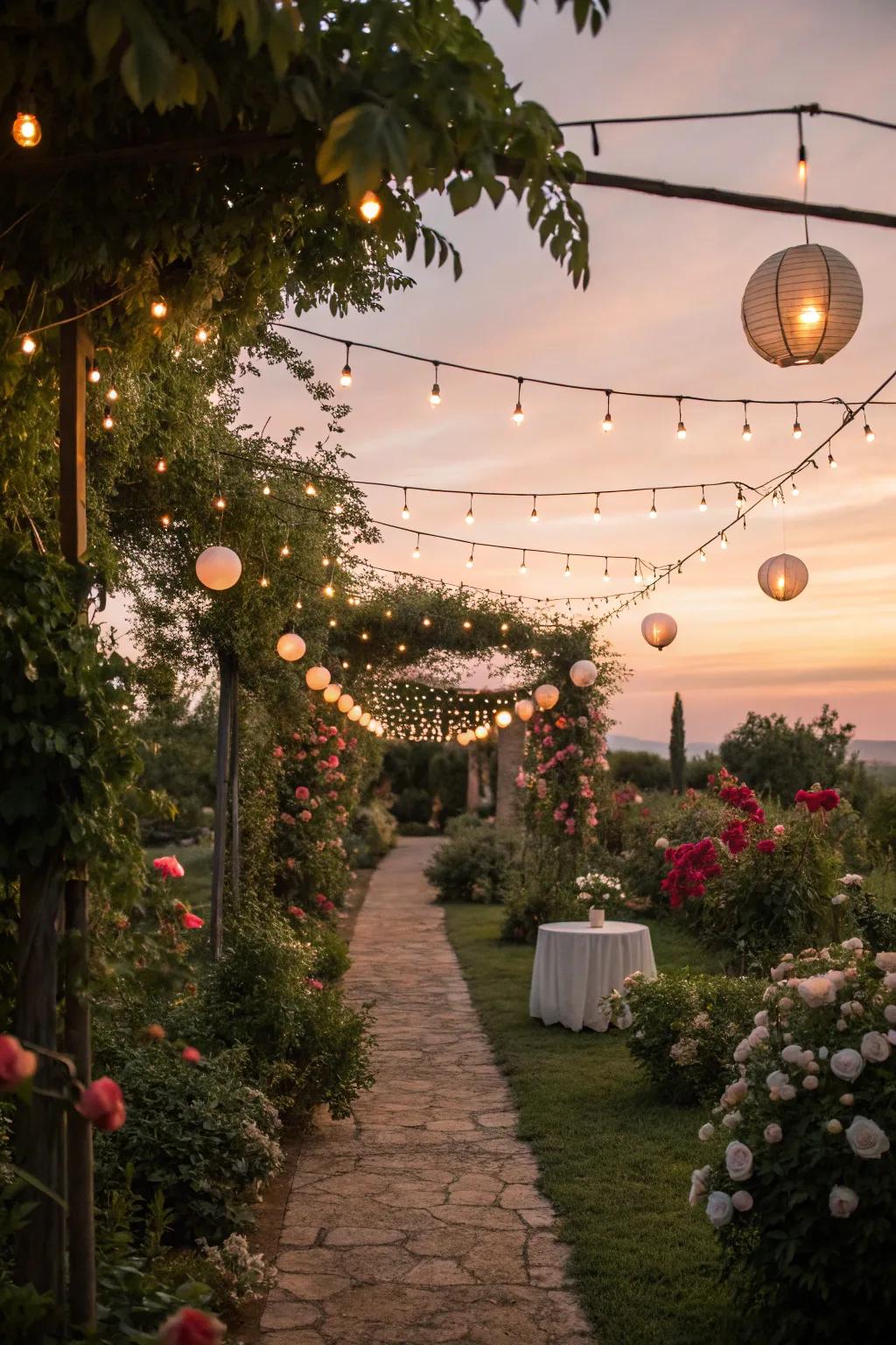 String lights and lanterns creating a magical glow in a boho garden.