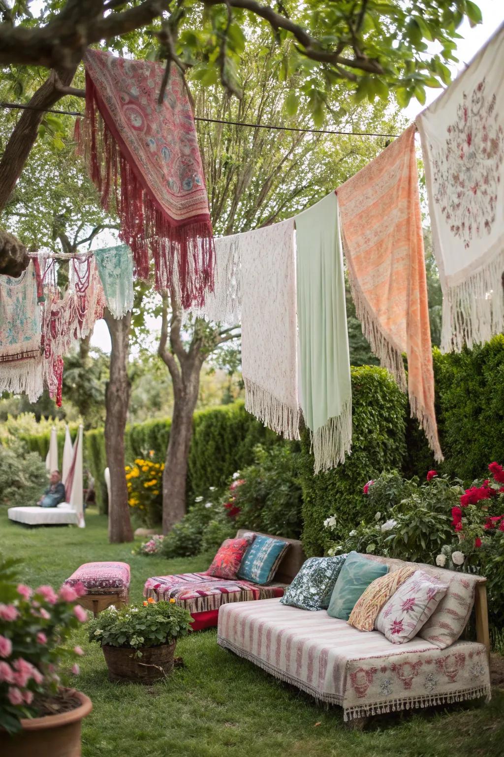 Fringed fabrics adding playfulness to a boho garden.
