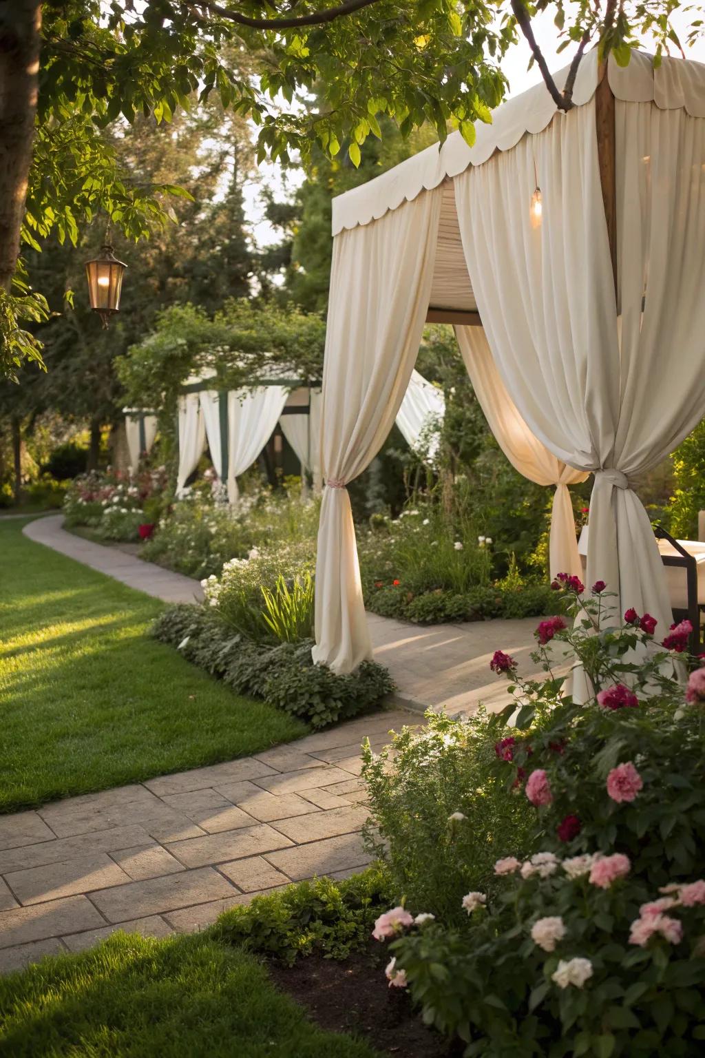 A cozy tented hideaway in a boho garden.
