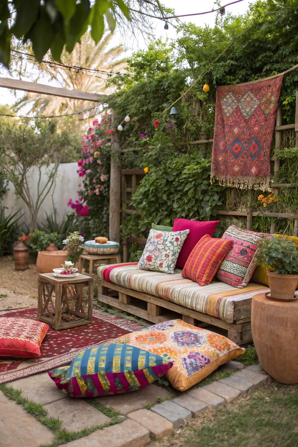 A cozy seating area with vibrant cushions in a boho garden setting.