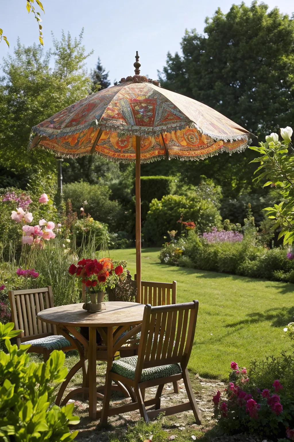 A stylish parasol creating a shaded retreat in a boho garden.