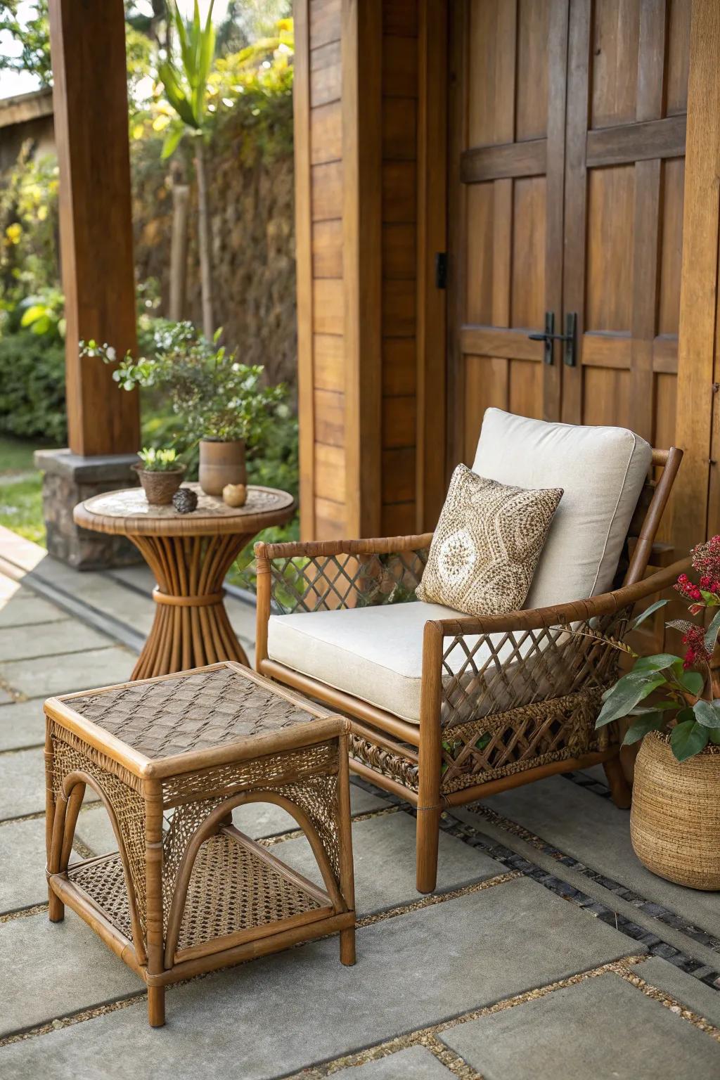 Natural materials like wood and wicker in a boho garden.