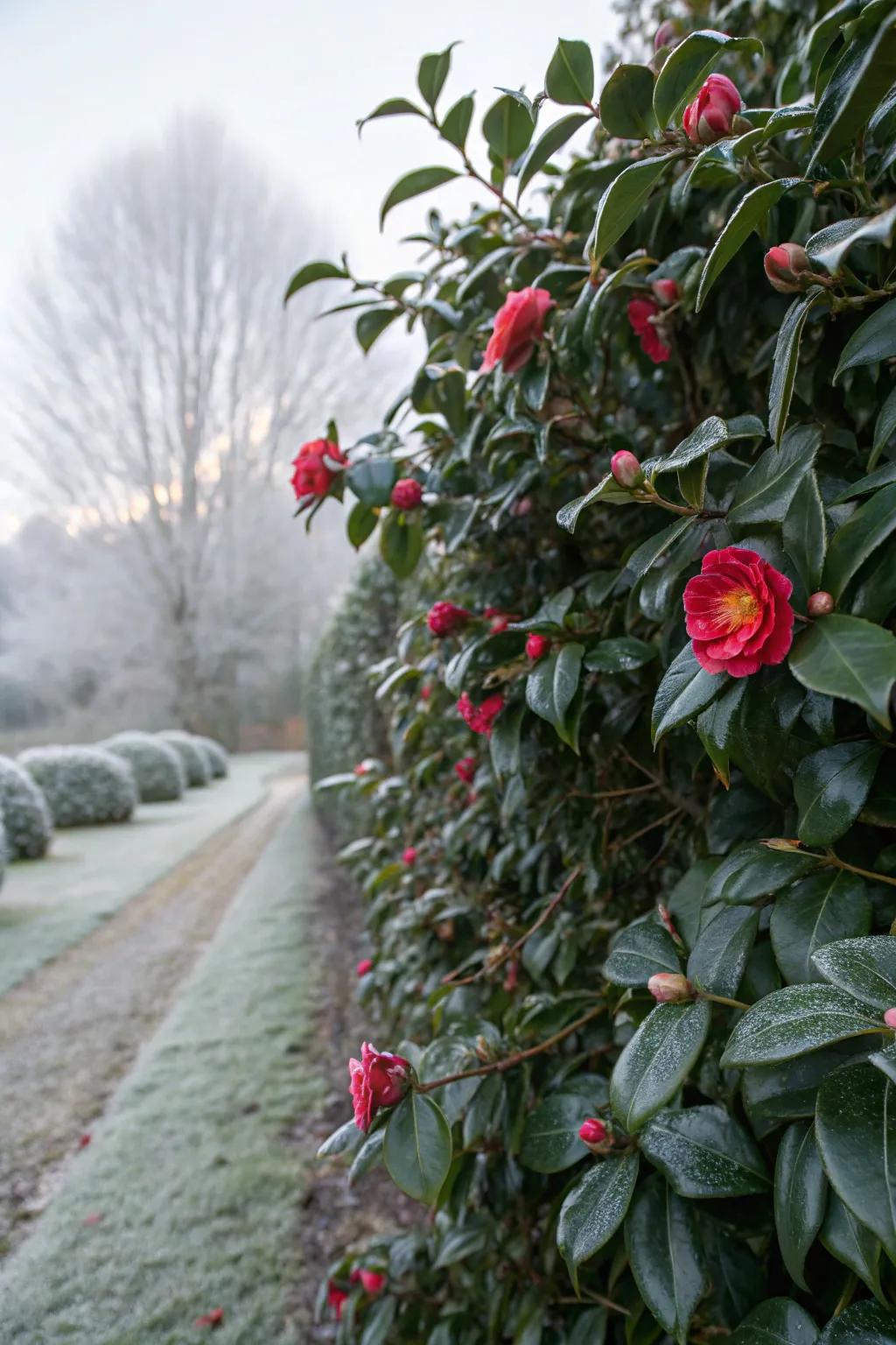 Elegant camellia blooms adding winter beauty to the garden.
