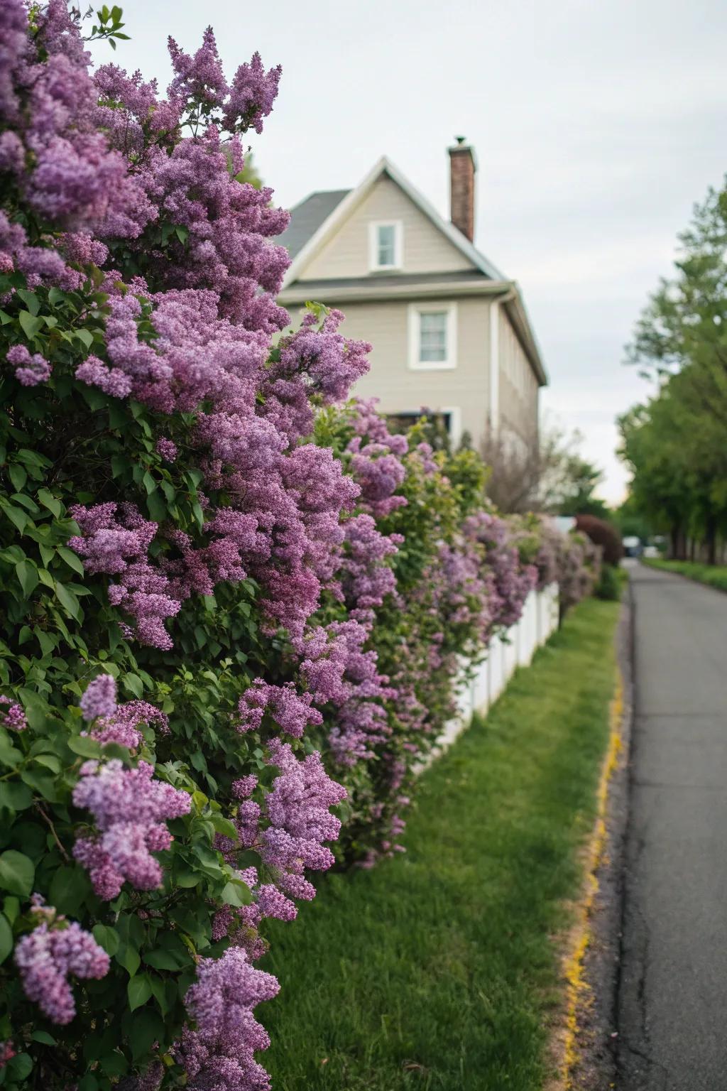 A fragrant lilac hedge in full bloom, enhancing the home setting.