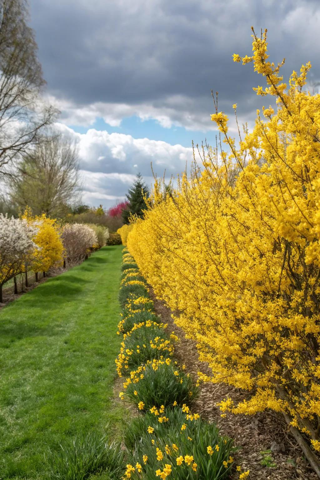 A sunny forsythia hedge bringing early spring cheer to the garden.
