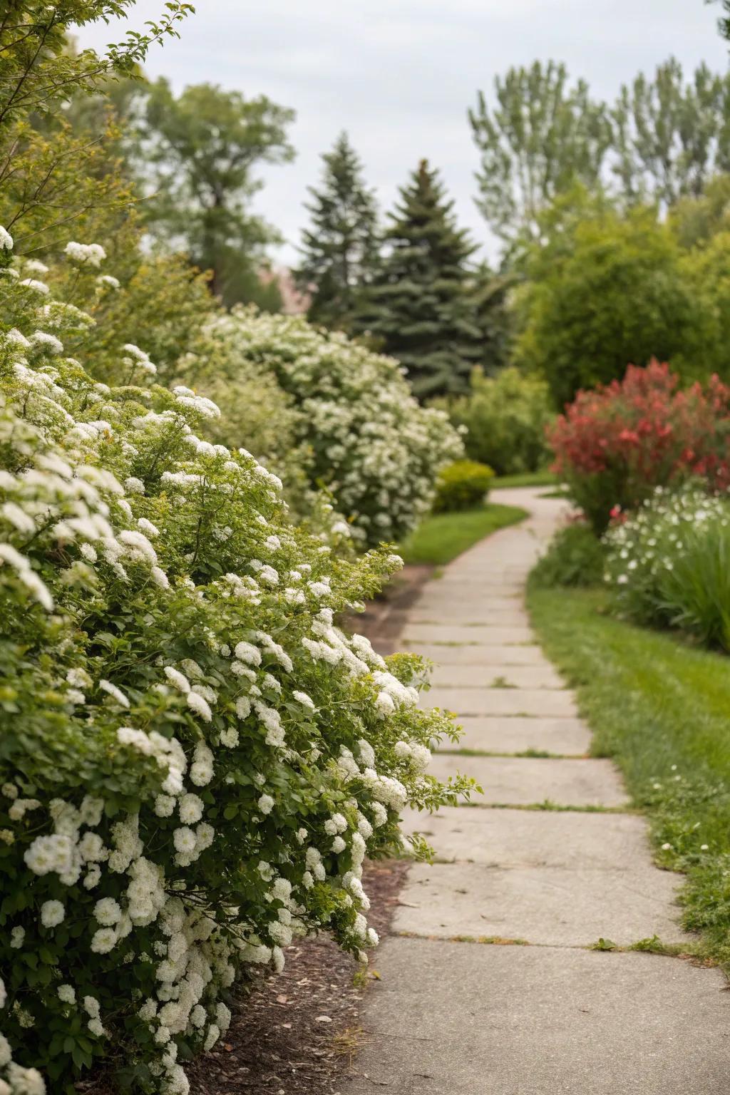 A charming garden pathway framed by blooming spirea shrubs.
