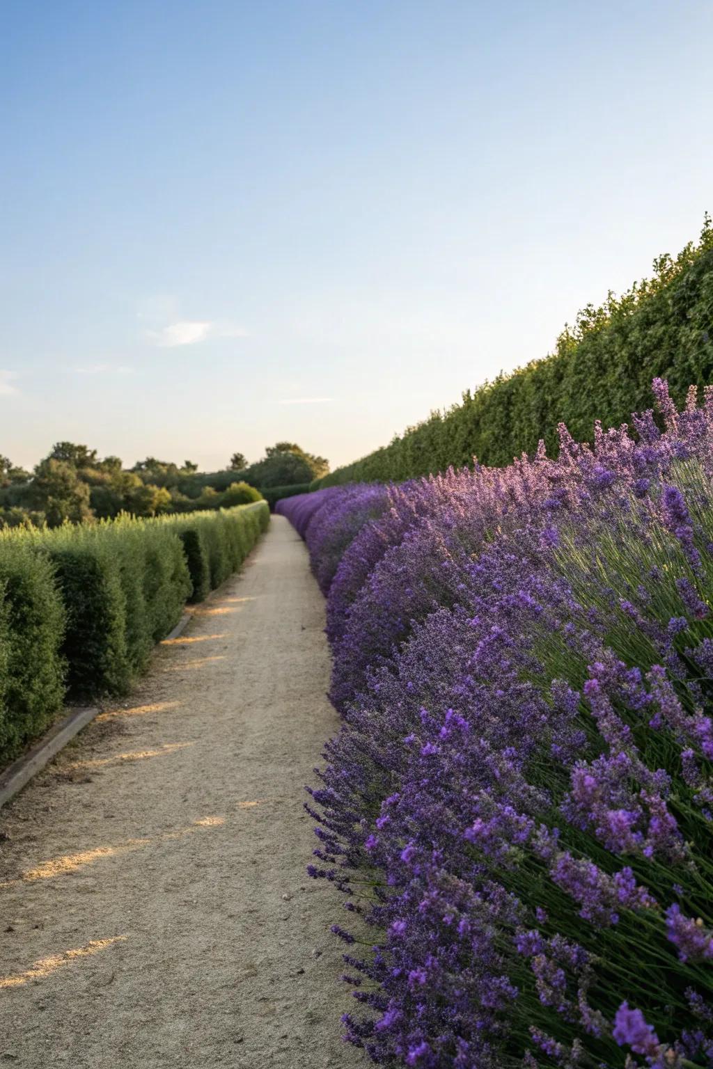 A serene lavender hedge lining a peaceful garden path.