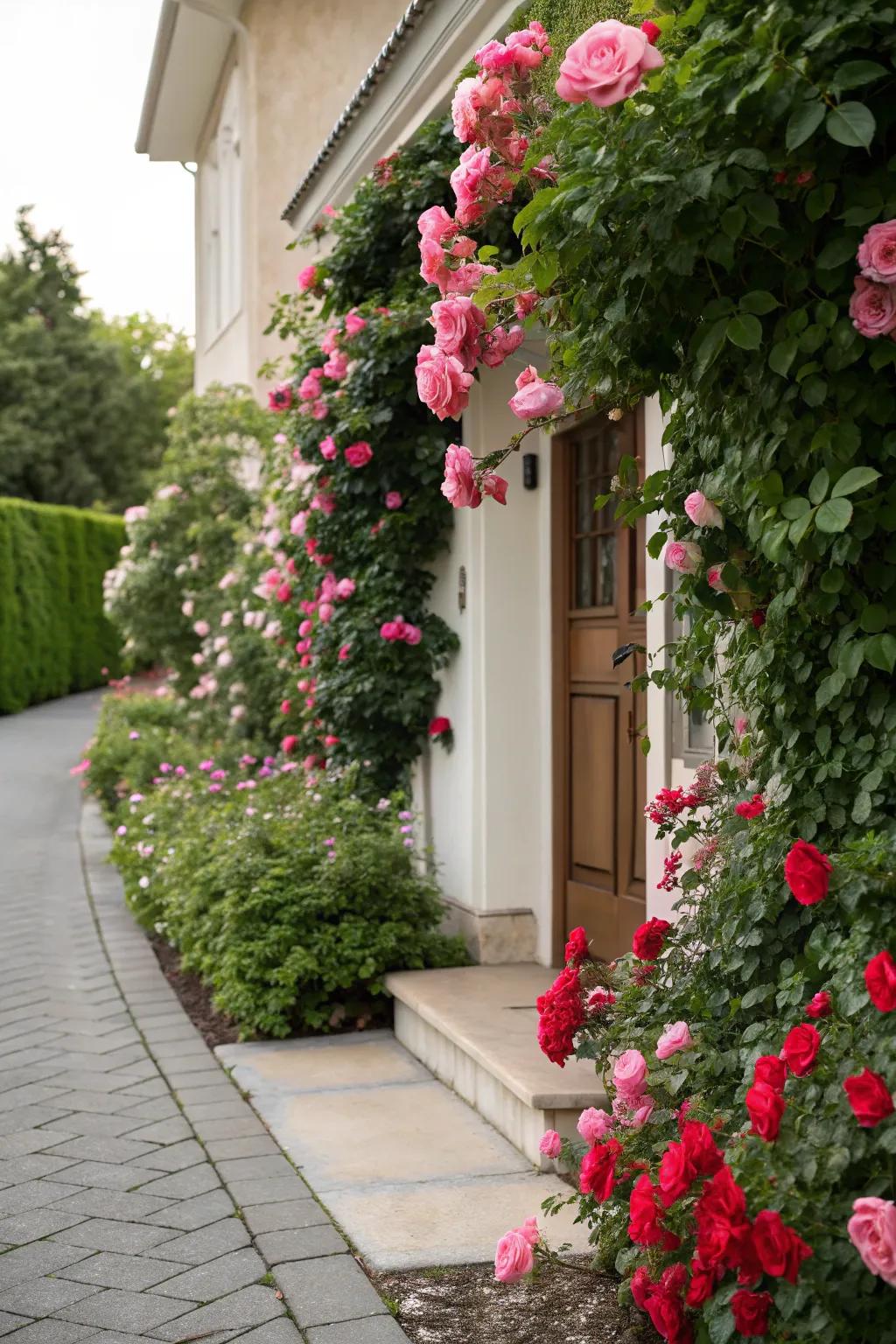 An inviting home entrance flanked by lush rose hedges.