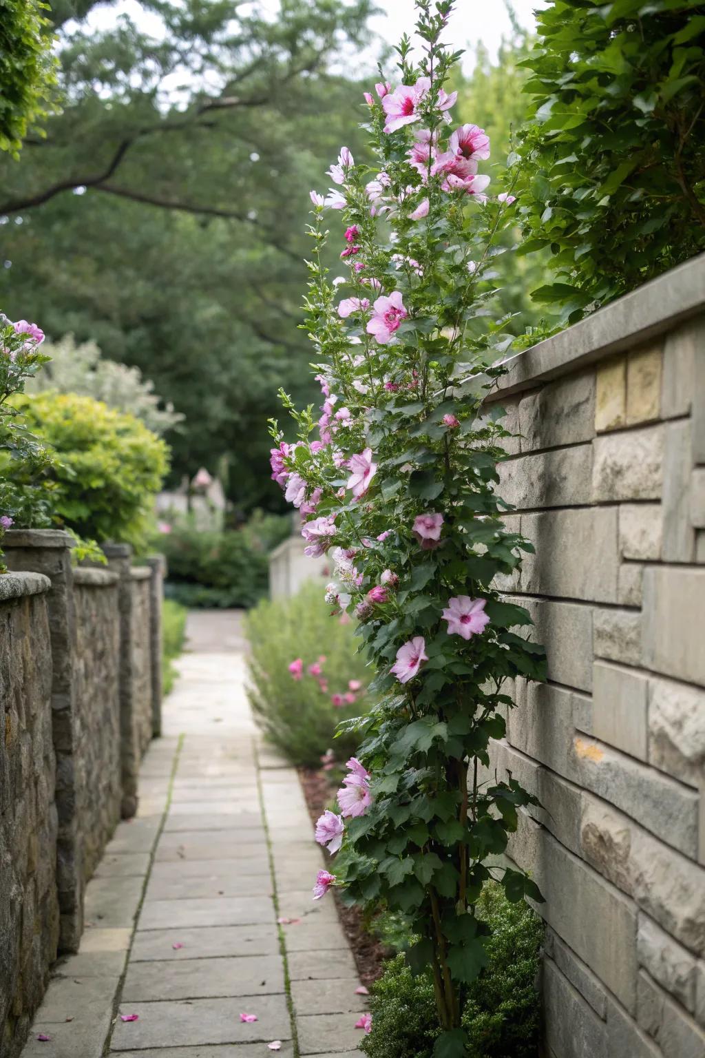 A stunning columnar rose of Sharon fitting perfectly in a narrow space.