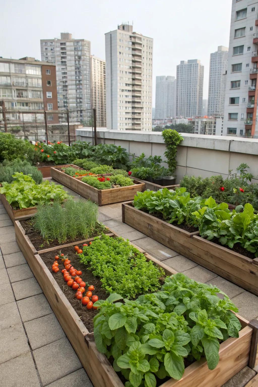 Raised beds brimming with life, perfect for urban gardening enthusiasts.