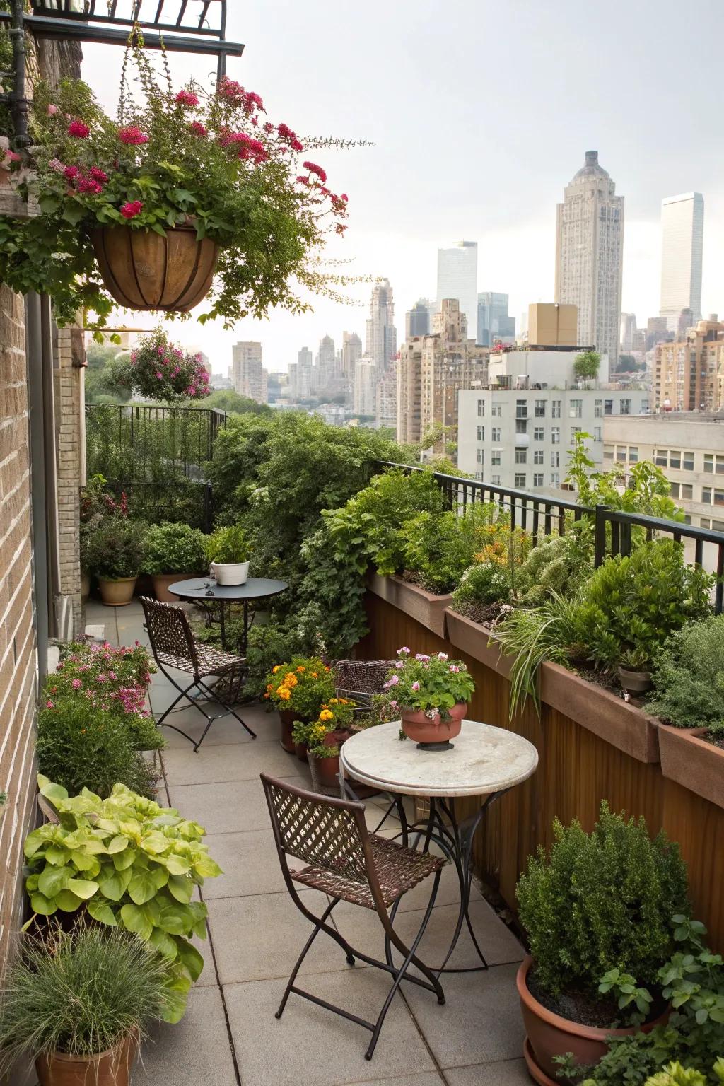 A charming balcony garden providing a tranquil escape in the city.