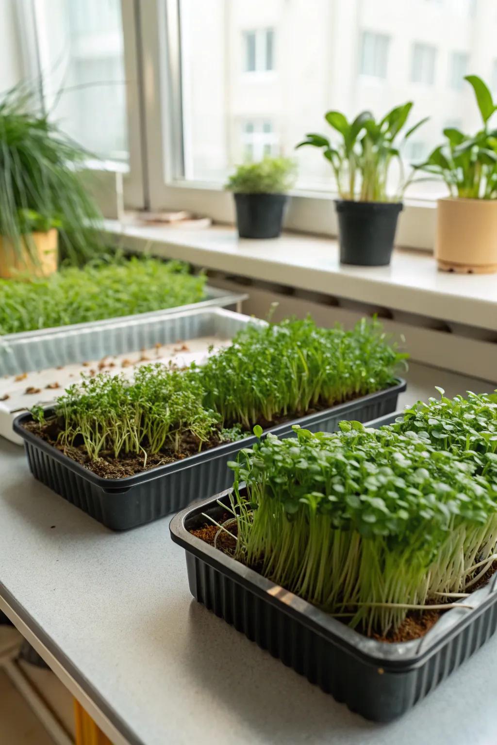 Trays of microgreens thriving indoors, offering a nutritious boost.