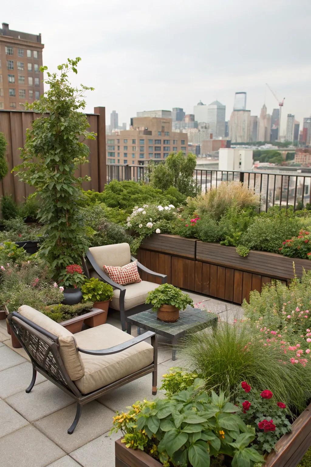 An urban rooftop transformed into a green oasis with seating and shade.