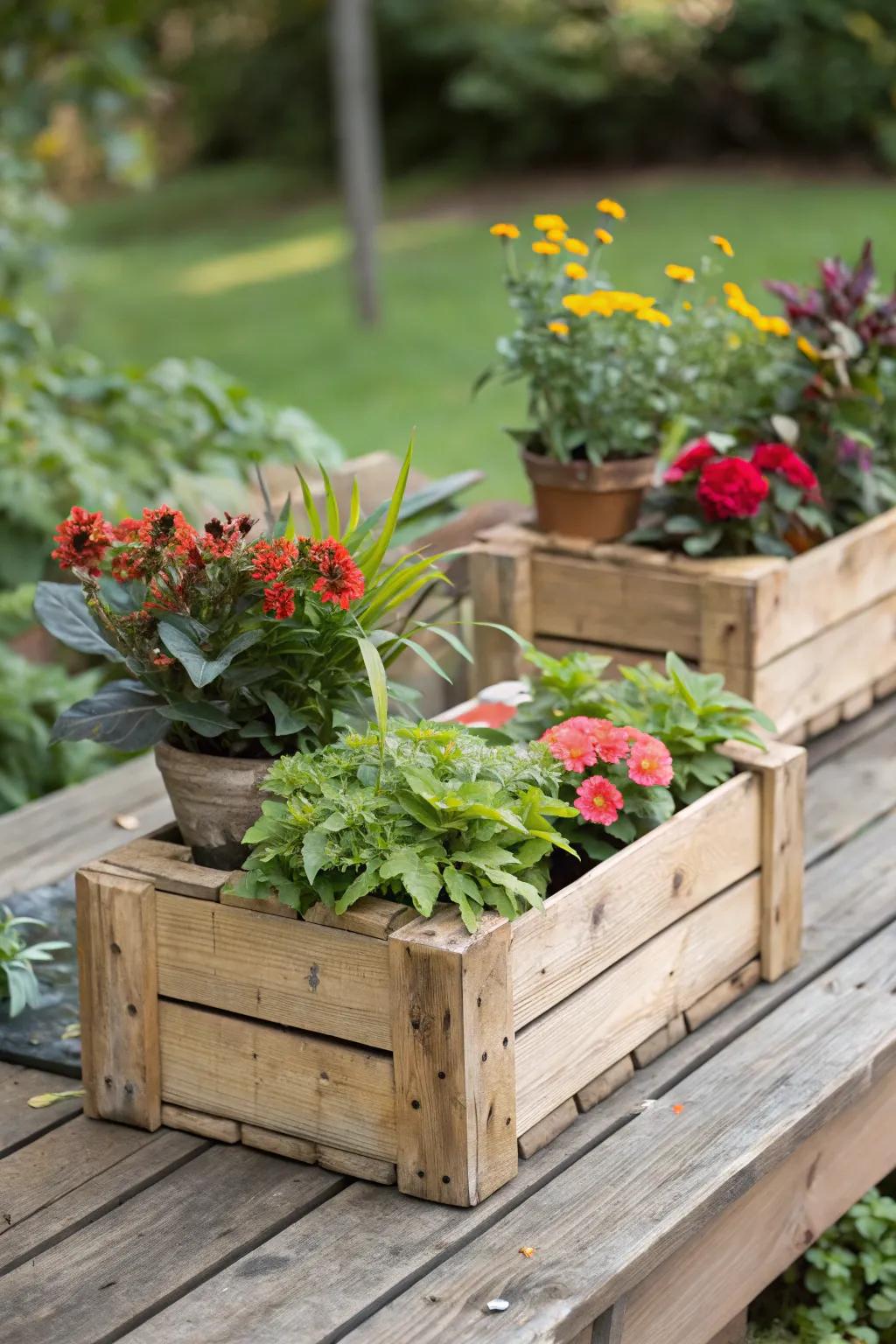 Repurposed wooden crates turned into stylish planters in an urban garden.