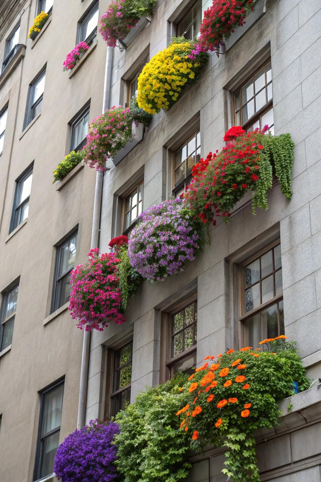 Charming window boxes adding a touch of nature to an urban apartment.