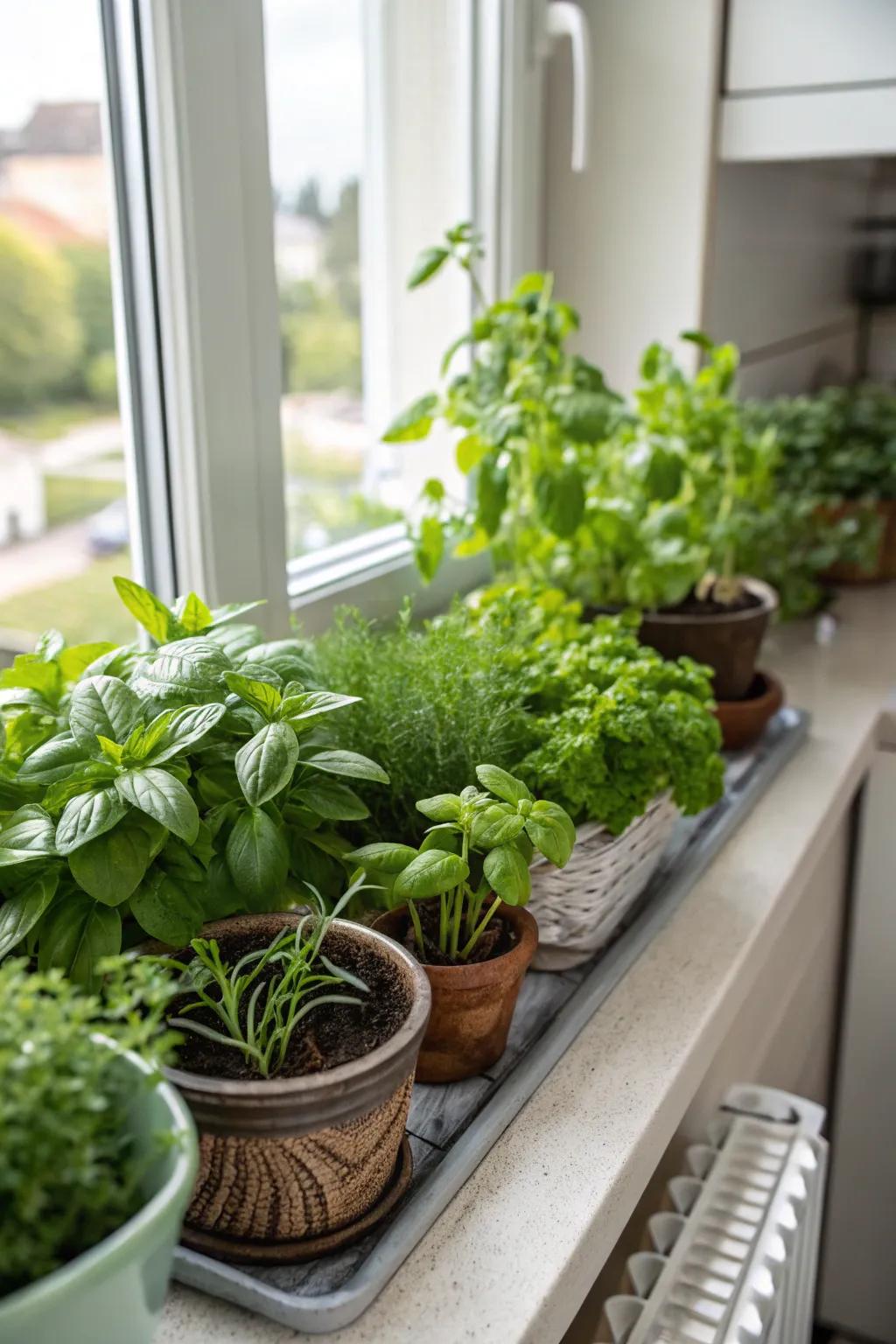 A convenient herb garden on a kitchen windowsill, ideal for urban dwellers.