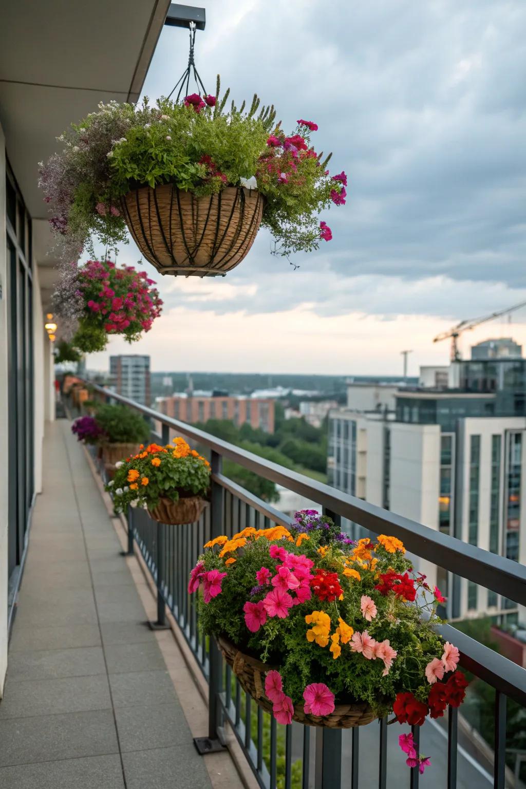 Vibrant hanging baskets adding color and charm to an urban balcony.