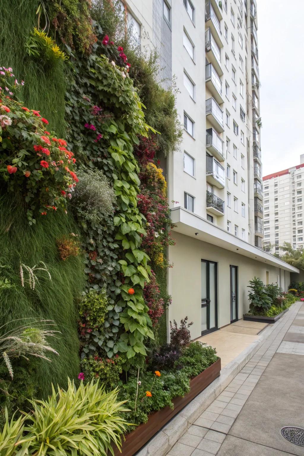A creative vertical garden transforming a plain wall into a vibrant green space.