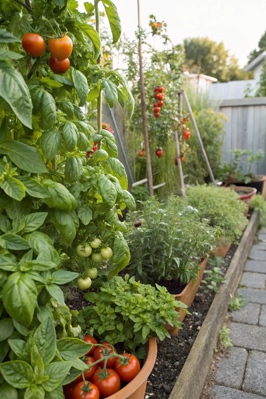 Tomatoes and basil thriving together through companion planting.