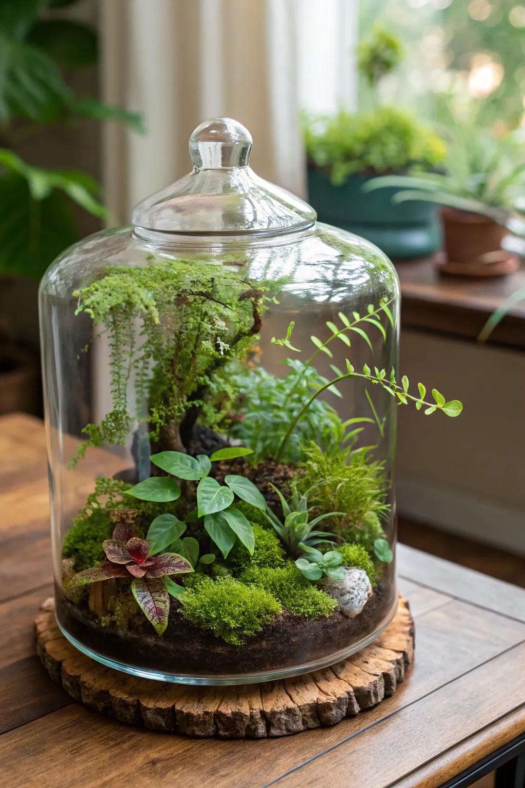 A delightful terrarium creating a mini-ecosystem indoors.