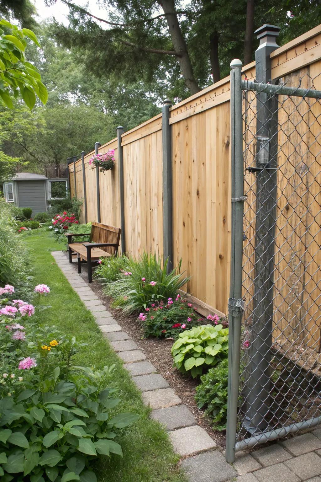 Wood panel infills bring warmth and style to a chain link fence.