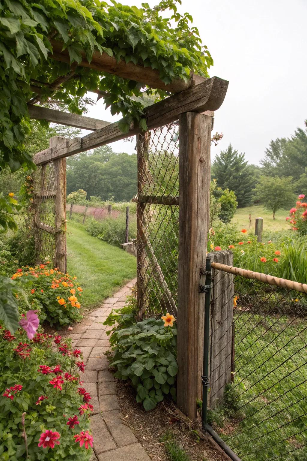 Rustic charm meets modern functionality in this wood-framed chain link fence.