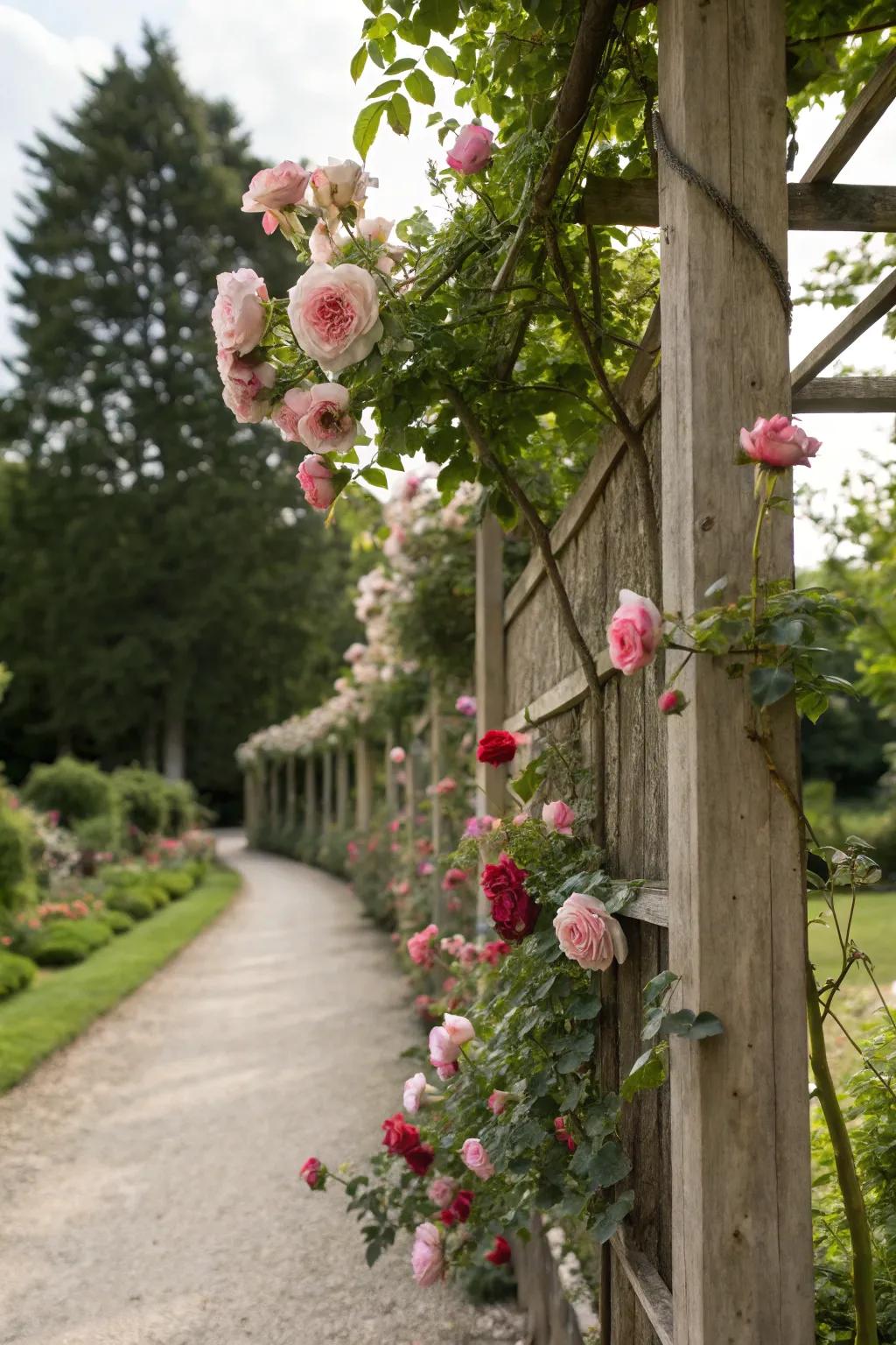 Elegant climbing roses adding vertical interest and fragrance to the garden.