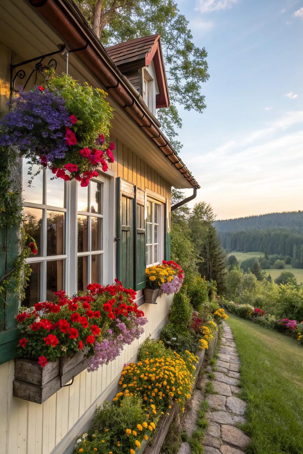 Delightful window boxes adding vibrant color to a charming cottage.