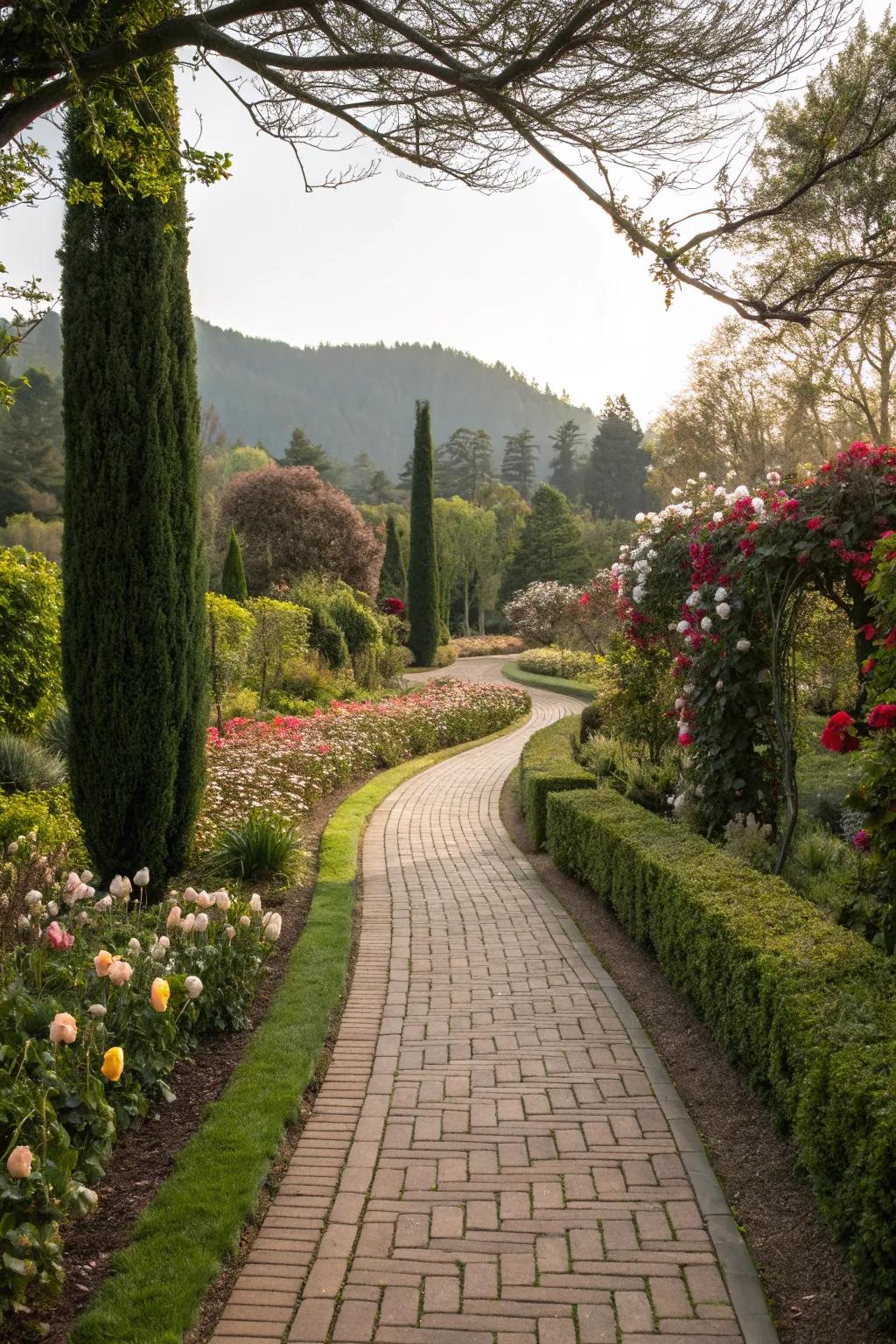 A charming brick pathway meandering through a lush Nantucket garden.