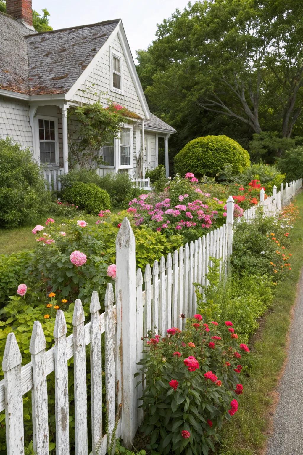 Classic white picket fencing framing a charming garden.