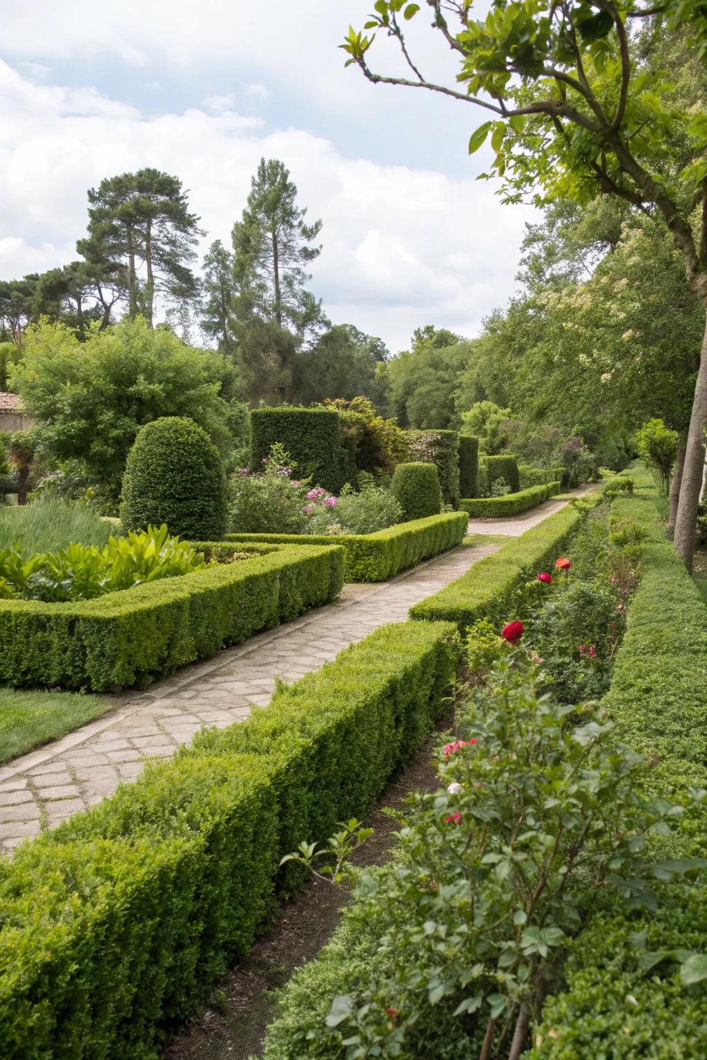 Lush greenery providing structure and privacy in a beautiful garden.