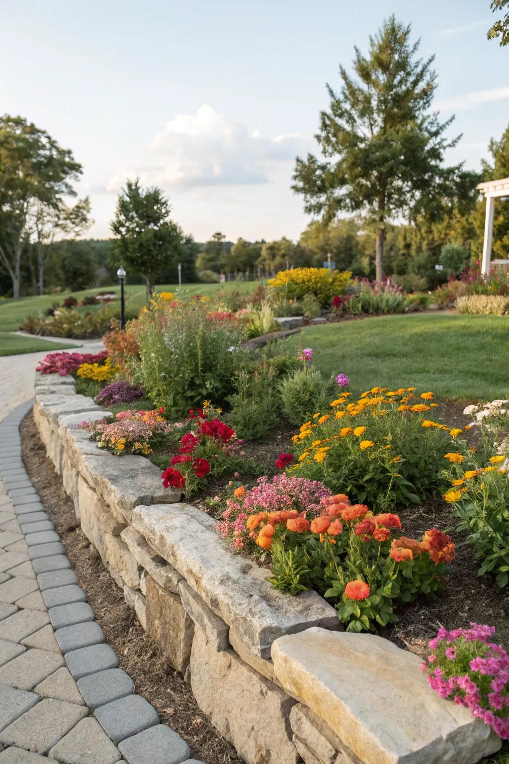 Elegant natural stone edging framing a colorful garden bed.