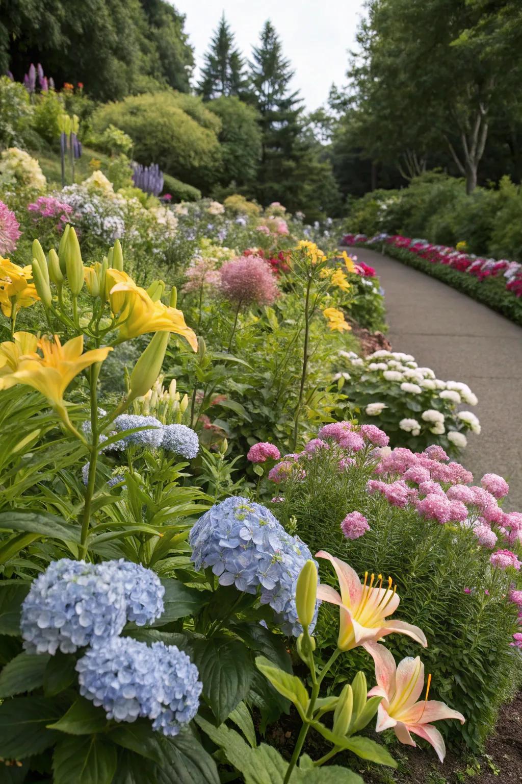 A burst of colors with vibrant flower beds featuring hydrangeas and lilies.