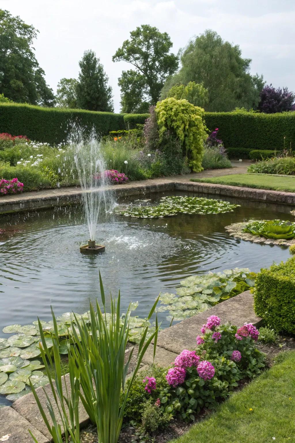 A tranquil water feature adding a soothing element to the garden.