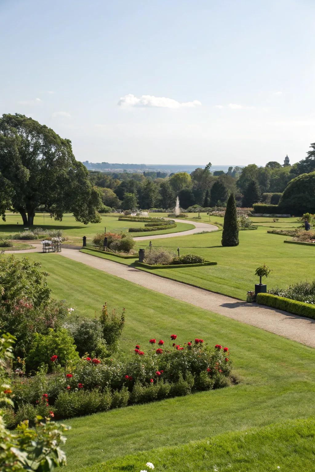 A lush open lawn providing contrast and relaxation space in the garden.