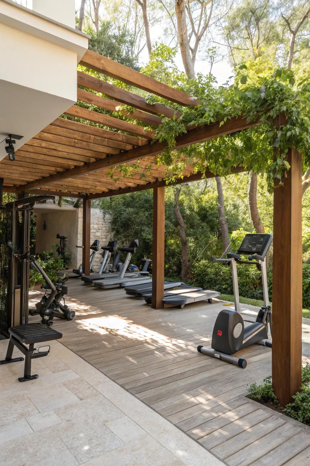 An open-air pergola gym offers a beautiful blend of shade and nature.