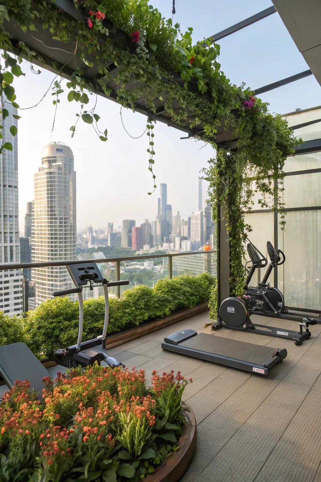 A rooftop gym offers a unique workout experience with stunning views.