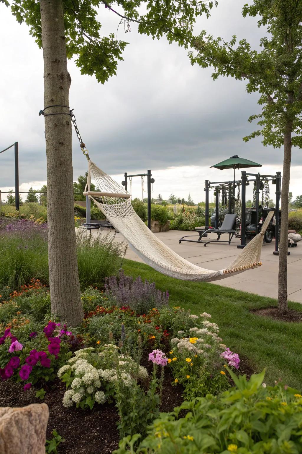 A hammock zone is perfect for relaxing after workouts.