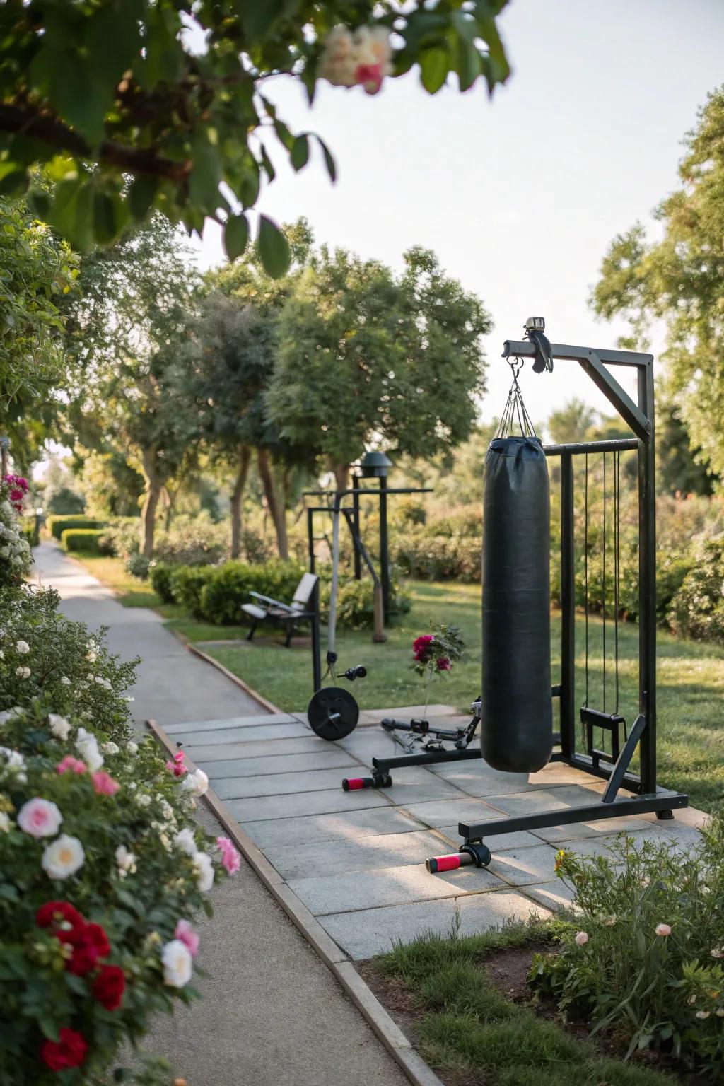 A punching bag station is great for stress relief and cardio.