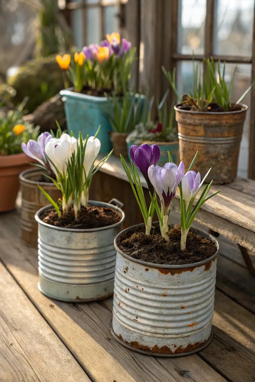 Crocuses thriving in creatively recycled containers.