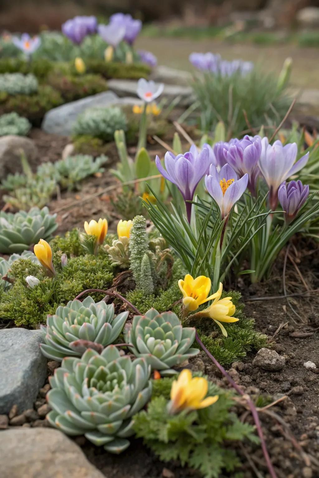 Crocuses and succulents creating a unique and colorful mix.