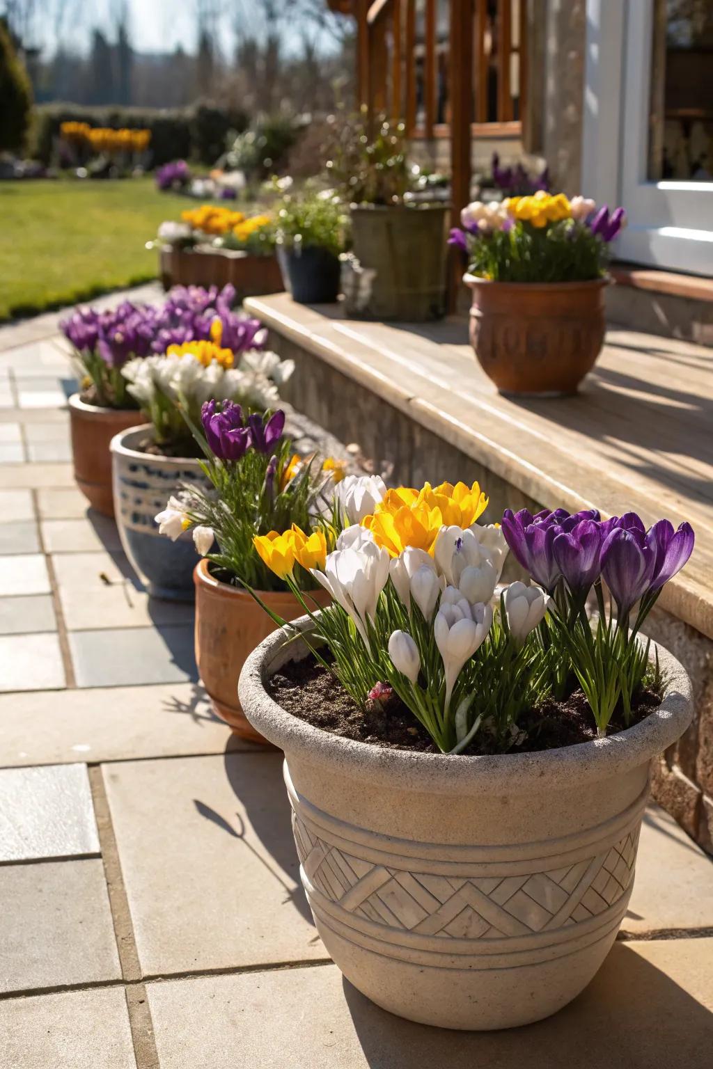 Colorful crocuses thriving in decorative patio pots.